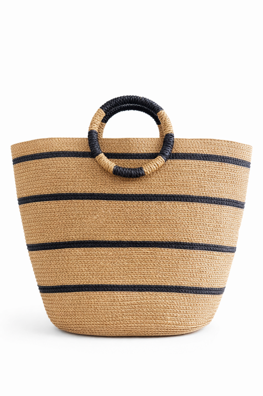 Striped Straw Tote Bag with Woven Handles - MAHOSTYLE