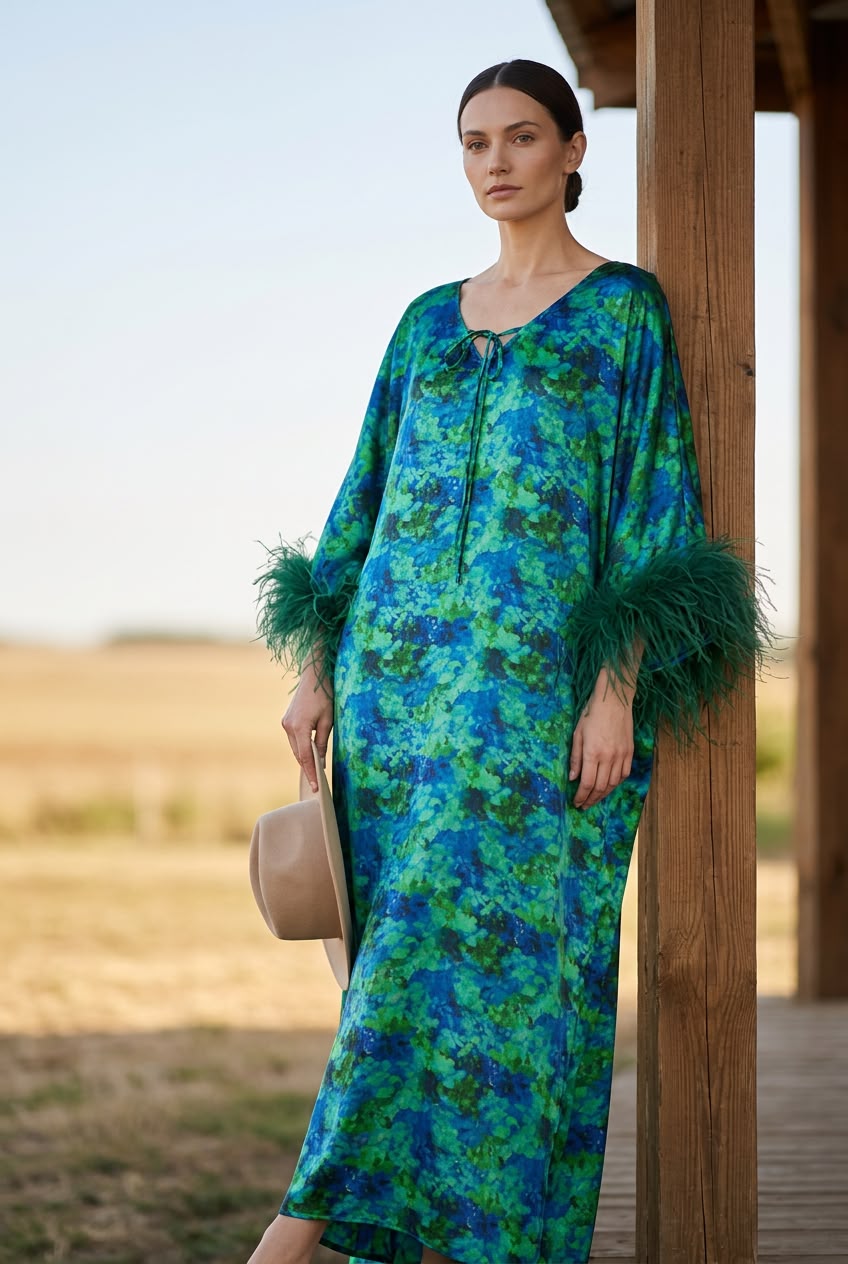 Ayo 100% Silk Feather Caftan | The M Label