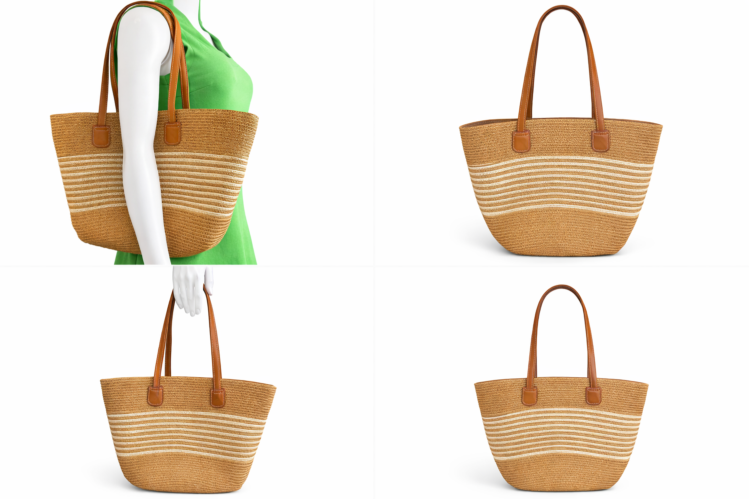 Straw Tote Bag with Leather Handles - MAHOSTYLE