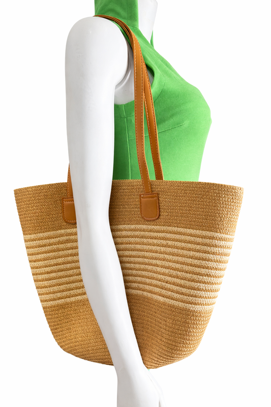 Straw Tote Bag with Leather Handles - MAHOSTYLE