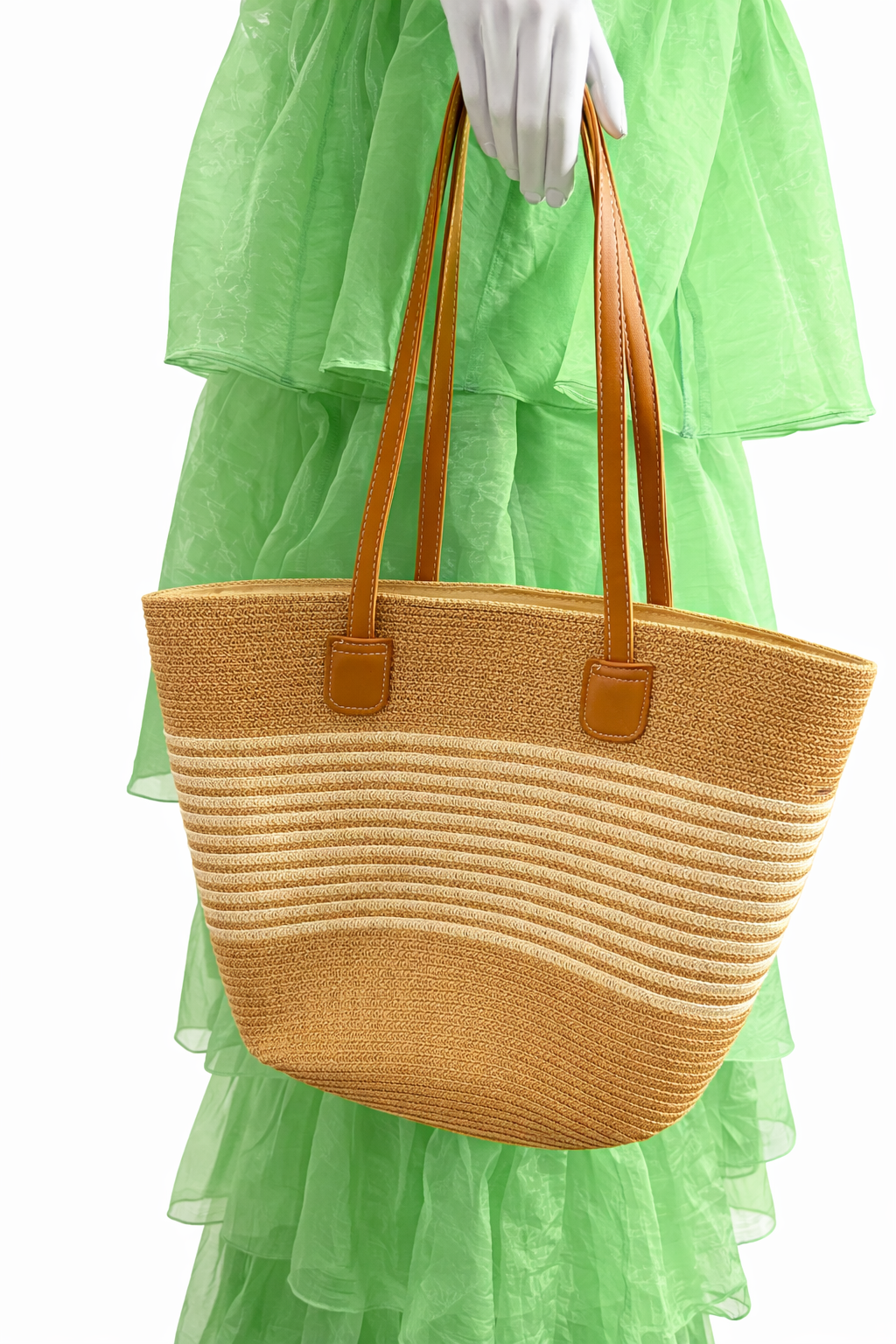 Straw Tote Bag with Leather Handles - MAHOSTYLE