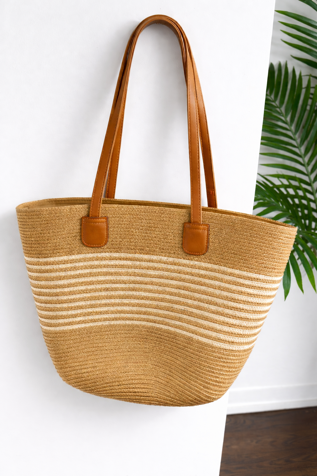 Straw Tote Bag with Leather Handles - MAHOSTYLE