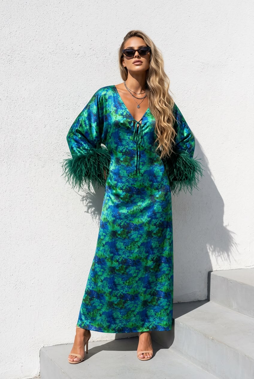 Ayo 100% Silk Feather Caftan | The M Label